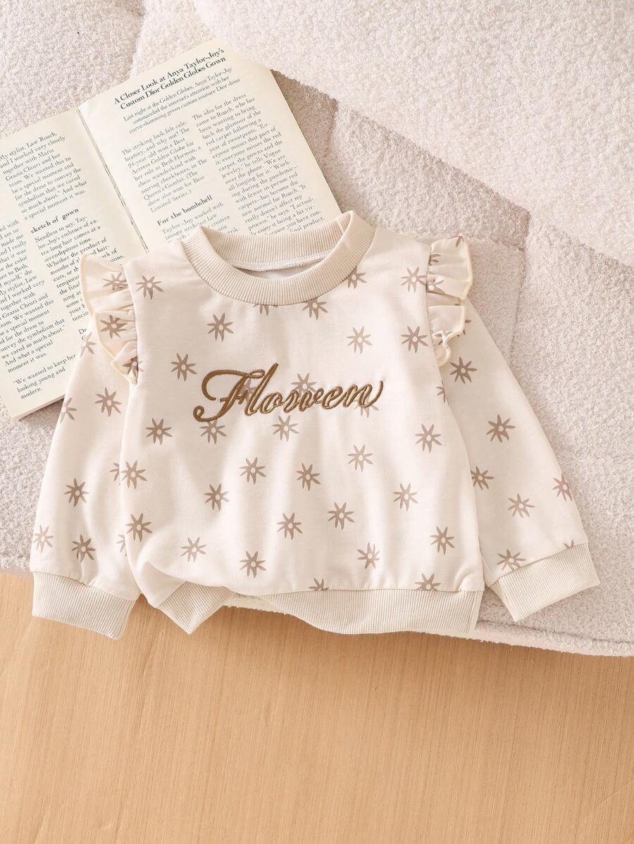 SHEIN Vintaside Kids 女婴可爱时尚热销印花运动衫，春/秋 - 米色 - 查看 1