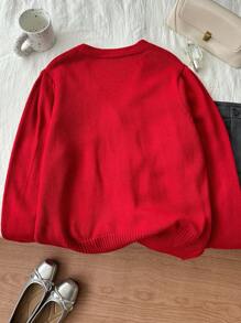 SHEIN Frenchy Damen Große Größen Weihnachten Schmetterling V-Ausschnitt Strickjacke - Rot - Übersicht 2
