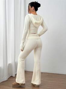 SHEIN Unity 2 件女式纯色拉链连帽衫和裤子套装 - 米色 - 查看 2