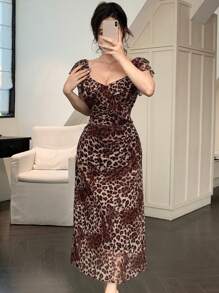 DAZY 100% Chiffon Leopard Print Ruffle Patchwork Women Short Sleeve Dress Summer Sundress Vacation Outfits Women - Brown - View 7