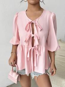 Chiquease Women's Plain & Simple Daily Wear Tie-Up Shirt,Three Quarter Sleeve Tops