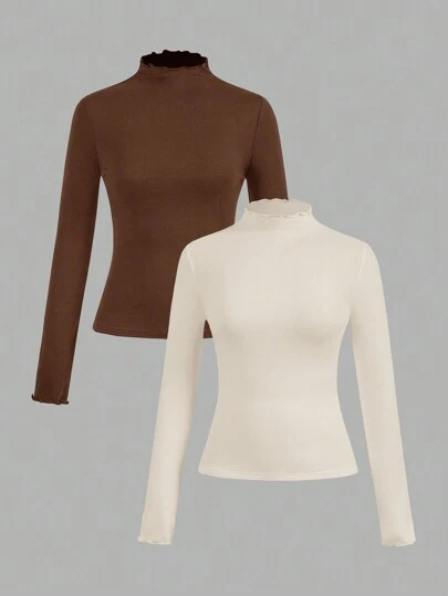 SHEIN EZwear Set de 2 camisetas de manga larga de ajuste ceñido en color albaricoque y marrón, para otoño/invierno