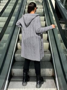 EURMUSE Women Casual Solid Color Patchwork Pocket Single Breasted Hooded Long Cable Knit Cardigan - Grey - View 3