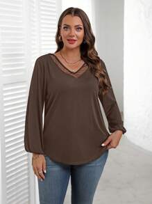 EMERY ROSE Camiseta casual de manga larga con cuello en V y contraste de malla de unicolor para mujeres de talla grande