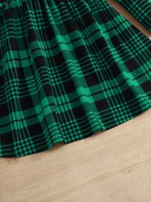 SHEIN Tween Girl Casual Knit Plaid Stand Collar A-Line Long Sleeve Christmas Dress