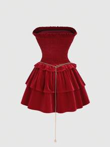 Sweetra Rochie mini din catifea stil vintage de calitate premium, cu tiv cu volan, fără mâneci și potrivită pentru ocazii elegante, ținută de toamnă/iarnă Y2K Rochie de petrecere de sărbători de Crăciun pentru haine de Anul Nou - roșu - Vizualizare 2