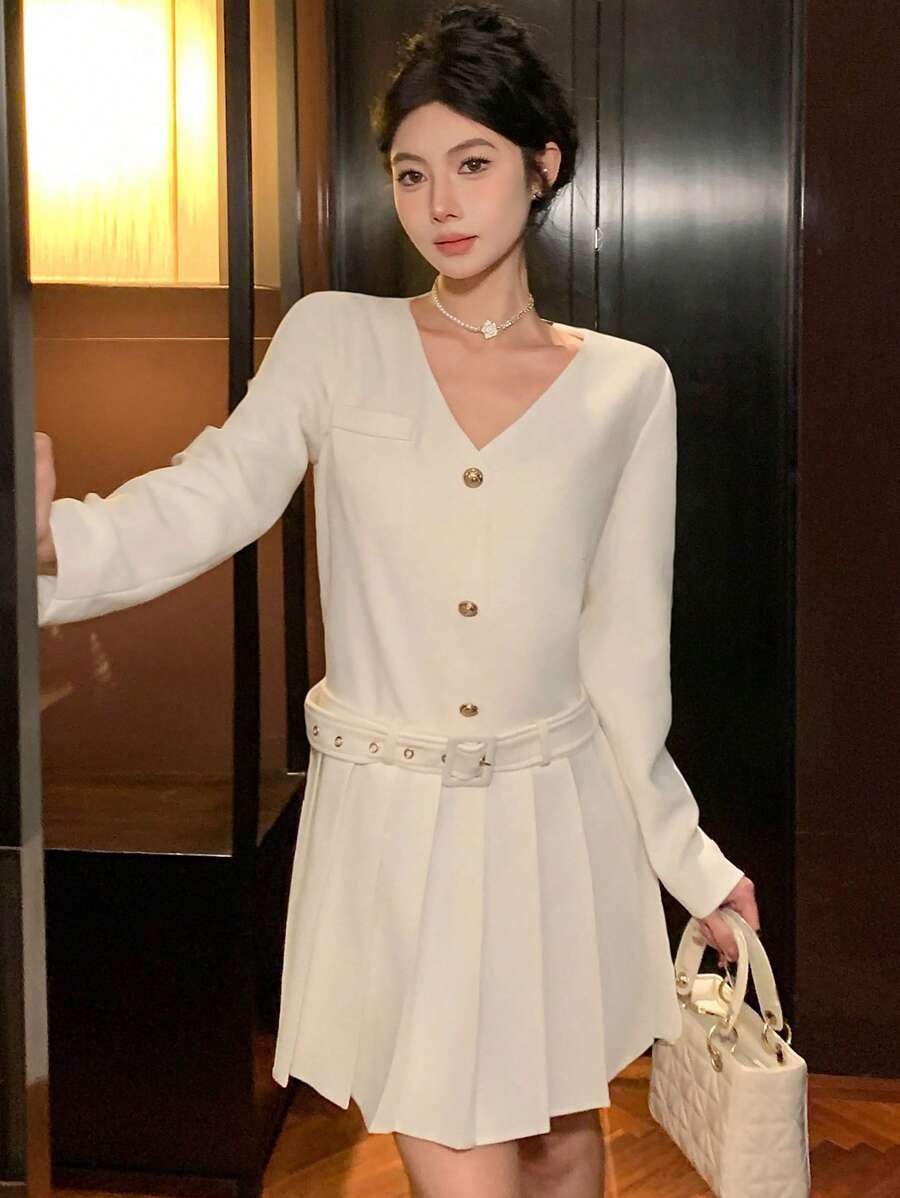 DAZY 女式纯色前开扣长袖褶皱休闲连衣裙,秋季连衣裙 - 米色 - 查看 1