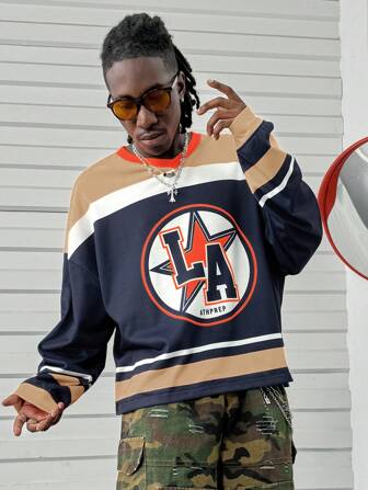 Manfinity RebelGame Men's Contrast Stripe Print Crew Neck Casual Long Sleeve Pullover Sweatshirt, For Fall Winter