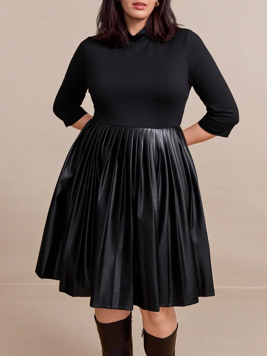 SHEIN Clasi Robe d' noire mi-longue avec insertion  synthétique, pour femmes grandes tailles - Noir - Voir 1