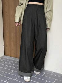 DAZY Women's Loose Patchwork Striped Pockets Wide Leg Pants - Dark Grey - View 8