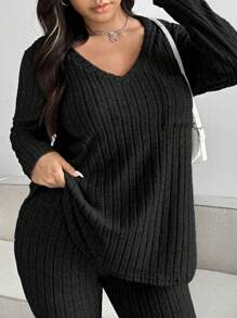 POPSWAY Plus Size Casual Solid Color Textured V-Neck Top And Pants Set Fall Cloth For Women - Black - View 8