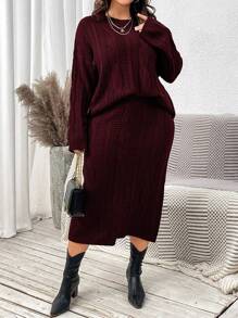 Calvaya Plus Size Solid Color Long Sleeve Loose Fit Pullover Sweater & Skirt Set