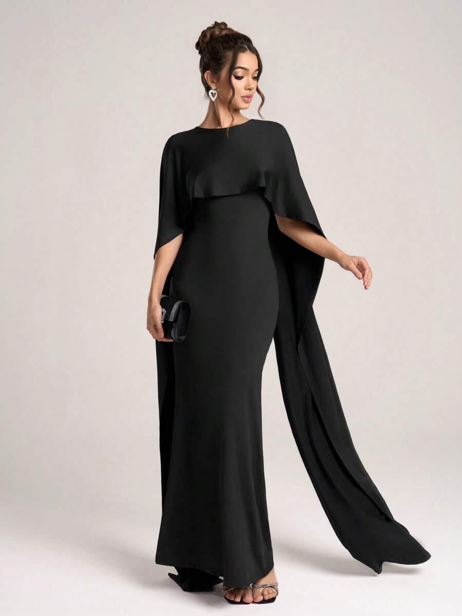 SHEIN Belle Ladies' Solid Color Fitted Simple Casual Long Formal Gown Gown Jacquard Dress Valentine's Day Dress Valentine's Day Dress Black Cocktail Dress Women's Christmas Black Evening Dress Formal Party Dresses Autumn And Winter Black Sexy Mesh Long Sleeve Bridesmaid Dress - Black - View 1