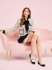 CUCCOO DOLLMOD Women's Round Toe Rhinestone Net Mesh Bow Mary Jane Flat Shoes New Year Holiday Valentines - Black and White - View 10