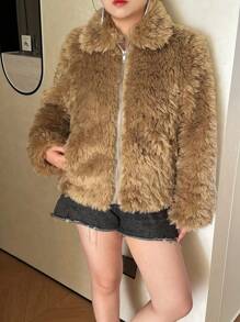 EMERY ROSE Casual Solid Color Turn-Down Collar Short Fluffy Coat, Autumn/Winter Fall Cloth For Women - Yellow - View 4