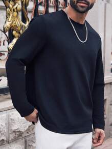 Manfinity Homme Camiseta casual de manga larga de cuello redondo de unicolor para hombres de talla grande