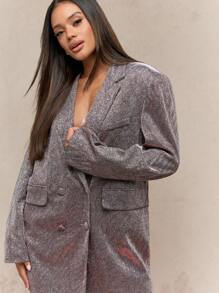 MISSGUIDED Glitter Blazer Mini Dress Metallic Double Breasted Party Evening Club Wear Plunge V-Neck Long Sleeve Boxy Oversized Holiday Glamour Formal Celebration Wear - Yellow - View 4