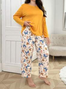 Solid Color Long Sleeve Shirt And Butterfly Print Long Pants Pajama Set