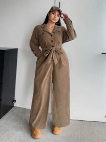 POPSWAY Plus Size Fashionable Casual Jumpsuit, Khaki, Suitable For Commuting, Back To School, Casual Everyday Wear, Cinched Waist Design