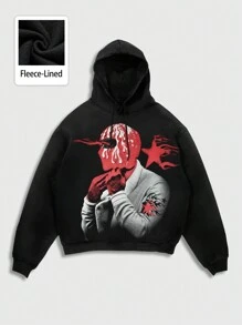 ROMWE MEN Street Life Men's Casual Character Graphic Print Drawstring Hoodie, Autumn/Winter - Black - View 1