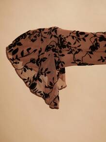 SHEIN BAE Plus Size Autumn And Winter Fashion Sexy And Elegant Women's Elastic Plus Size See-Through Sweet High Collar Fungus Ruffled Cuffs See-Through Black Elastic Flocking Jacquard Mesh Bodysuit, Super Versatile, Can Be Worn Inside Or Outside