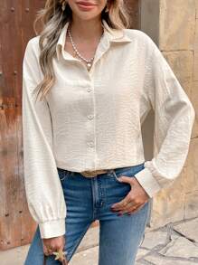 SHEIN Frenchy Women's Solid Color Casual Simple Stylish Shirt, For Everyday Wear, A Must-Have For Autumn And Winter, Lapel Long Sleeve Puff Sleeve Loose Top, Solid Color Cardigan Shirt, Casual And Loose,