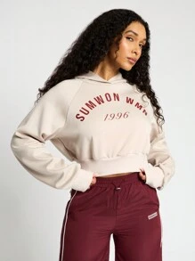 SUMWON WOMEN Premium Cropped 1996 Varsity Hoodie Retro Athleisure Sweatshirt Winter Workout Activewear Casual Athletic Fall Spring