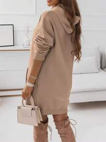 Casual Solid Color Drawstring Hooded Dress, Autumn/Winter - Khaki - View 2