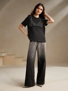 Anewsta Women's Glamorous Rhinestone Embellished Crew Neck Short Sleeve T-Shirt