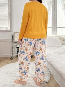 Solid Color Long Sleeve Shirt And Butterfly Print Long Pants Pajama Set
