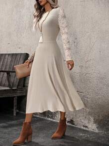 EMERY ROSE Women Lace Patchwork Round Neck Long Sleeve Casual Mini Dressspring Clothes - Apricot - View 1