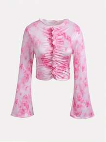 SHEIN Girls Long Sleeve Asymmetrical Ruffle Collar Flare T-Shirt - Pink - View 1