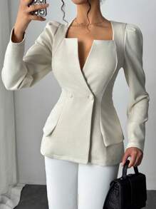 SHEIN Unity Women'S Solid Color Waist Tailored Elegant Long Sleeve Jacket, Suitable For Autumn And Winter Fall Cloth For Women - Beige - View 5