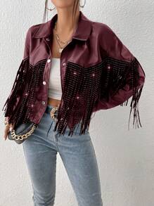 SHEIN BAE Solid Color Fringe Decor Front Button Casual Versatile Long Sleeve Jacket
