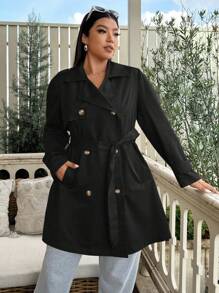 Flirla Plus Size Solid Color Double-Breasted Belt Pocket Elegant Long Sleeve Trench Coat - Black - View 1
