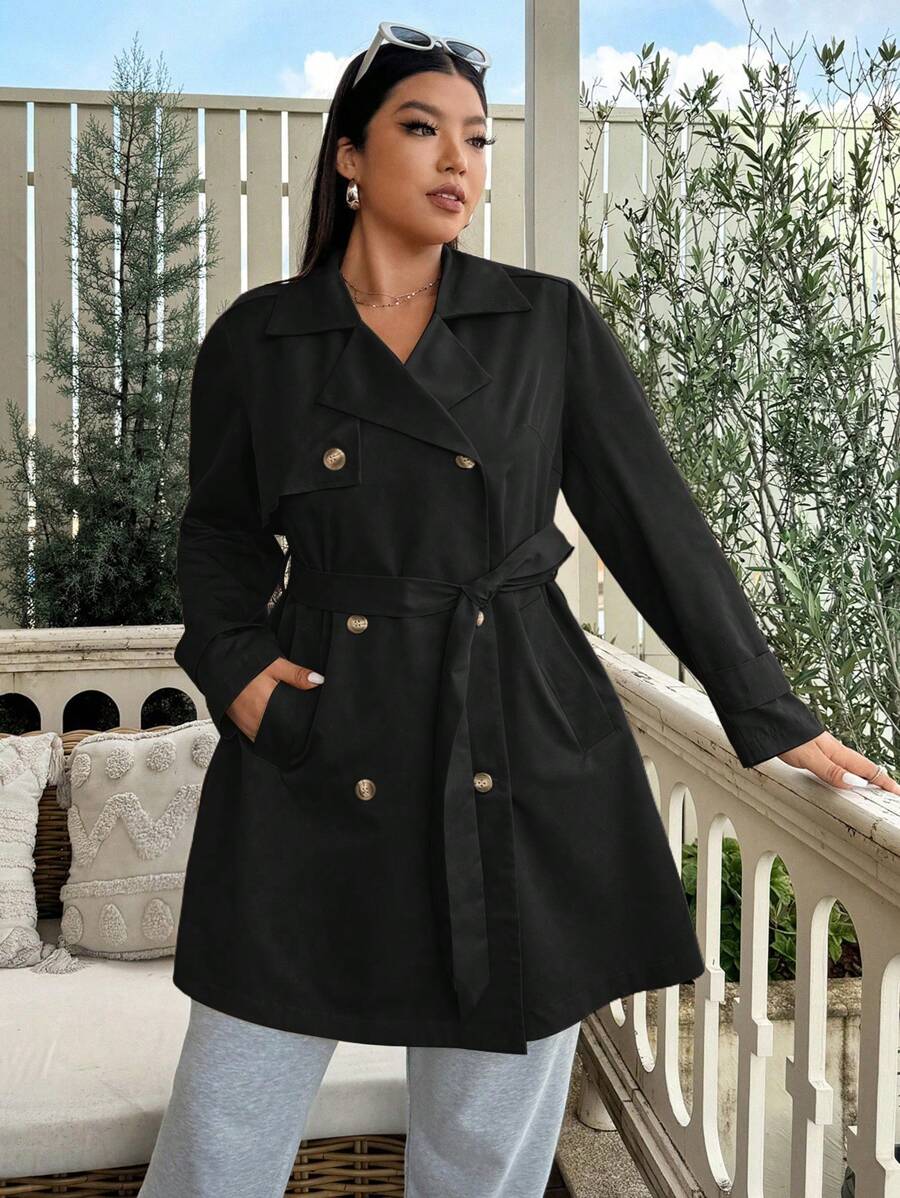 Flirla Plus Size Solid Color Double-Breasted Belt Pocket Elegant Long Sleeve Trench Coat - Black - View 1