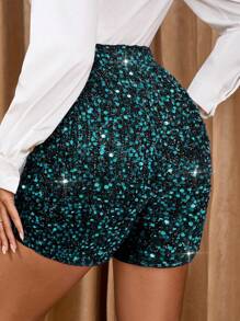 SHEIN Clasi 女士时尚优雅黑色亮片高腰短裤，适合派对、约会、晚会、春夏秋冬 - 墨綠色 - 查看 2