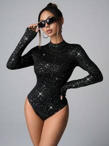 Vavine Women's Party Metallic Foil Print Crew Neck Long Sleeve Bodycon BodysuitParty Fall Cloth For Women - Black - View 6