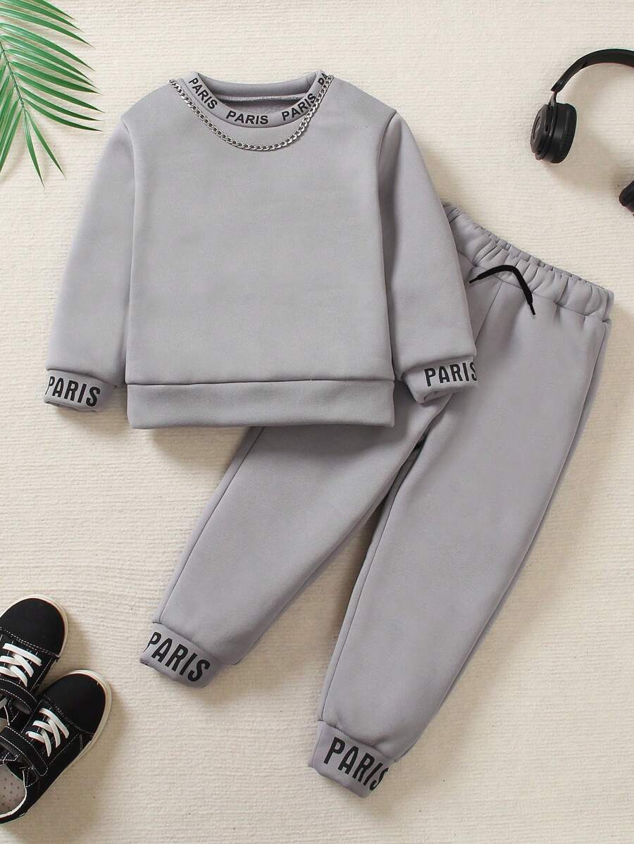 SHEIN 2 件套年轻男孩纯色和图案印花长袖常规服装，适合秋冬季 - 灰色 - 查看 1