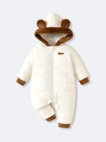 SHEIN Combinaison chaude à capuche et patchwork 3D oreilles mignonne pour bébés garçons en automne et hiver, convient pour les sports de plein air et le ski