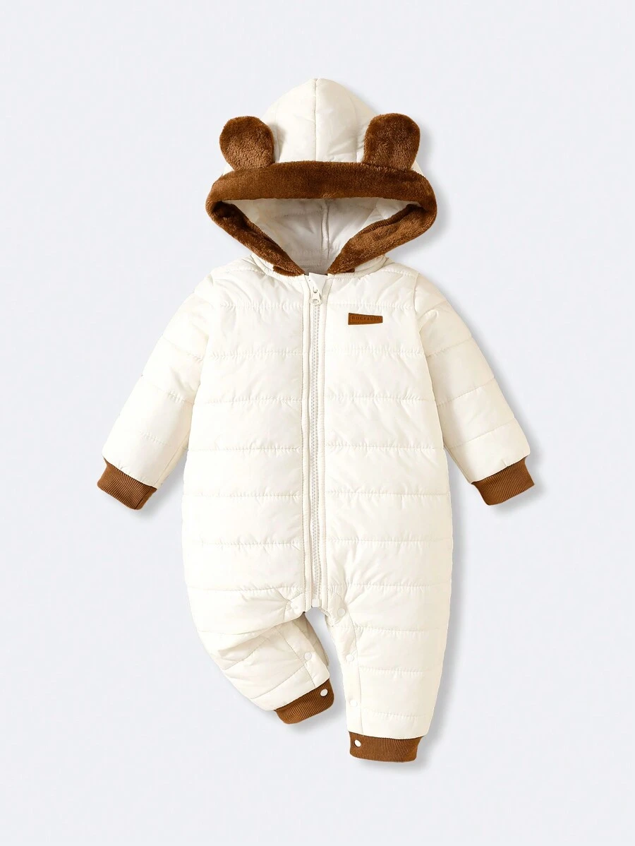 SHEIN Combinaison chaude à capuche et patchwork 3D oreilles mignonne pour bébés garçons en automne et hiver, convient pour les sports de plein air et le ski
