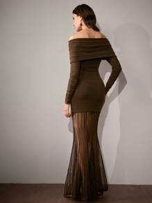 Anewsta Đầm bodycon hở vai họa tiết đuôi cá trong suốt thanh lịch dành cho nữ, dành cho tiệc thu và trang phục maxi đêm giao thừa - Màu nâu Sô-cô-la - Xem 6