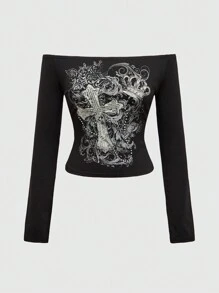 ROMWE Grunge Punk 垃圾摇滚十字藤蔓印花基本款露肩紧身女式吊带背心 - 黑色 - 查看 1