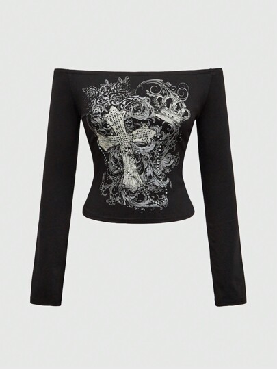 Grunge Punk Camiseta de mujer de estilo grunge con estampado de enredadera de cruz, con hombros descubiertos y ajustada