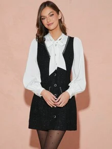 Enchnt Winter/Spring Romantic Women's Black&White Contrast Color Exquisite Chain Decor Long Sleeves Pocket Bowknot Tweed Short Dress, Elegant&Stylish For Valentine's Day&Christmas Party&Sweet Date&Daily Commuting, Dress - Black - View 5