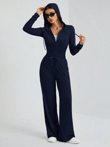 SHEIN Tall Conjunto informal de dos piezas con top gris con capucha y cremallera al frente ajustado + pantalón de pierna ancha