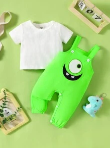 SHEIN 2 件套新生儿夏季服装，时尚可爱怪物刺绣吊带裤及配套套装 - 綠色 - 查看 4
