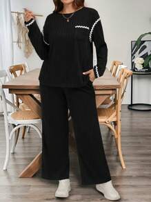 大码女式两件套针织上衣配撞色饰带休闲修身套装 - 黑色 - 查看 3