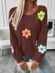 SHEIN LUNE Women 3D Floral Round Neck Long Sleeve Sweater - Rust Brown - View 3