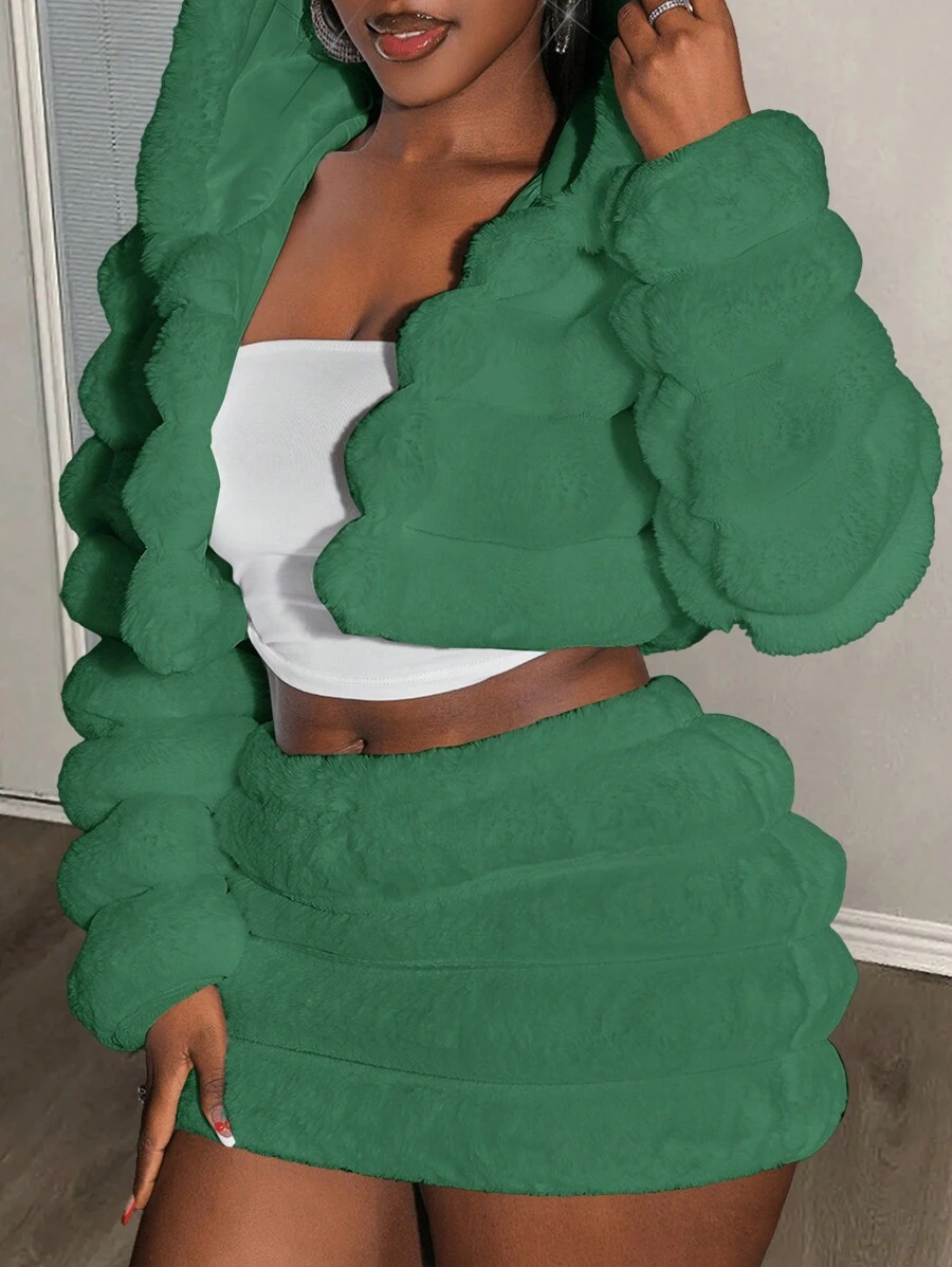 Slaydiva 2024 秋冬休闲时尚优雅女士连帽短款上衣长袖毛绒外套 - 綠色 - 查看 1